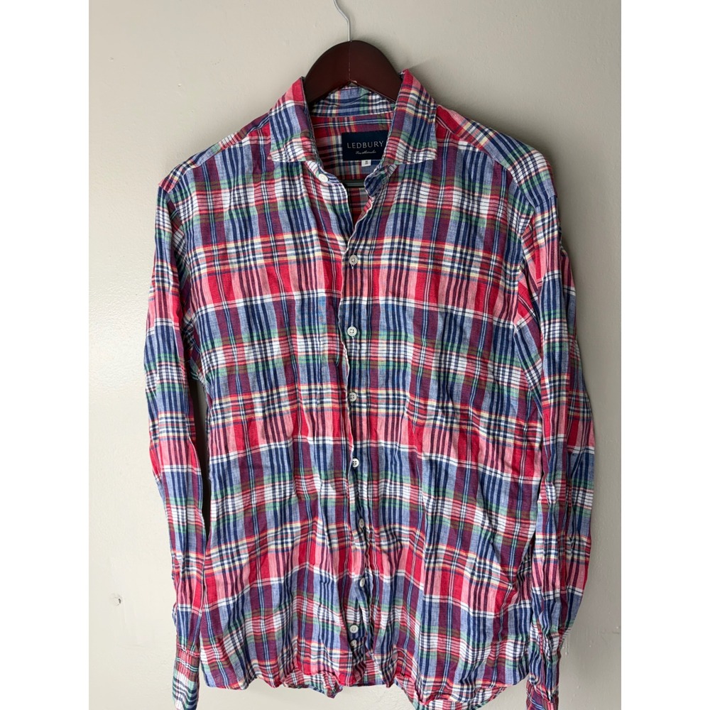Ledbury Mens Plaid Button Down Shirt Red Blue Multi Color 16 35 Long Sleeve